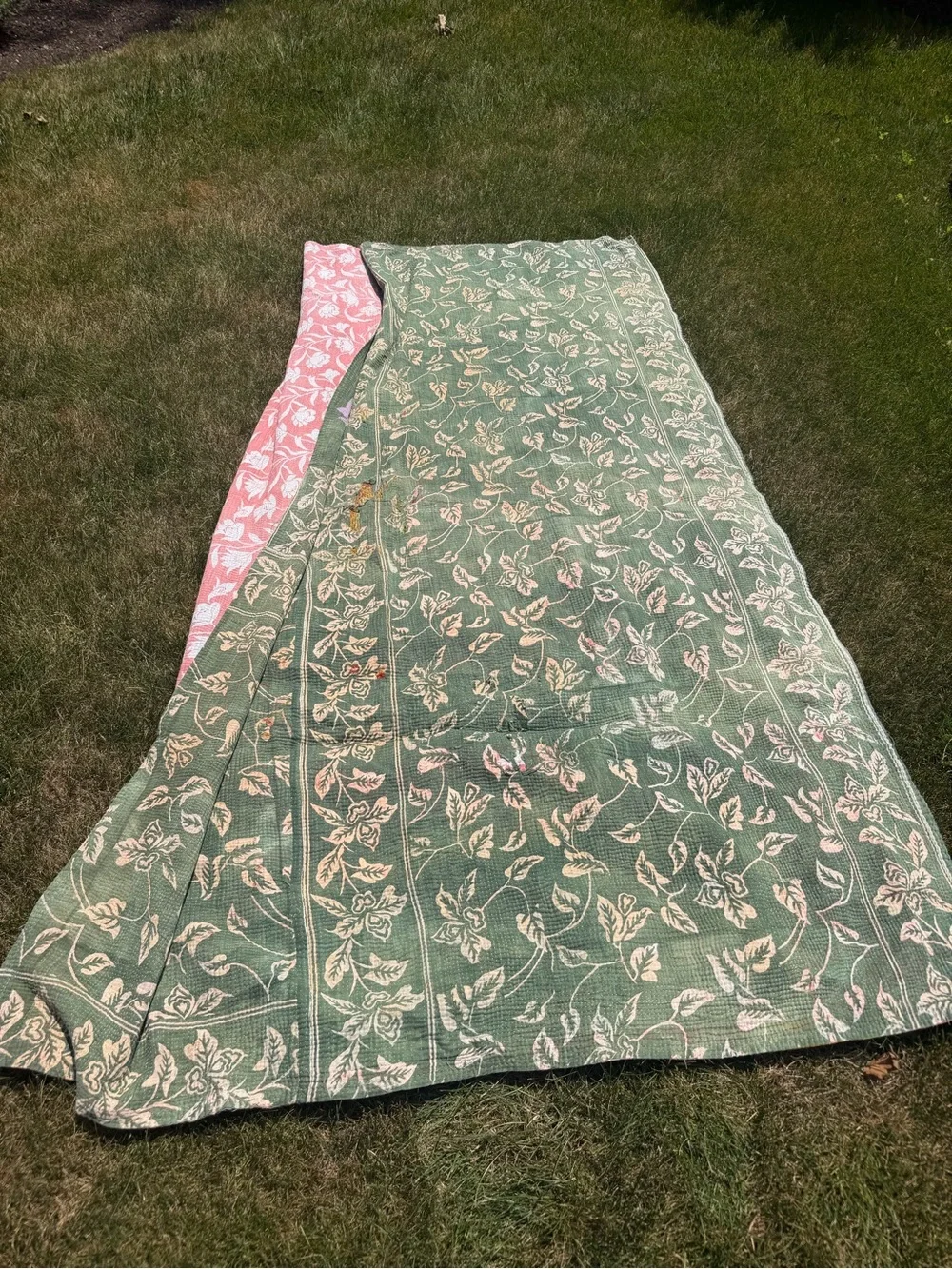Green Floral Kantha Throw with Pink & Cream Accents
